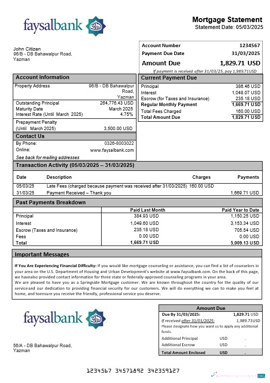 Download Pakistan Faysal mortgage statement in Word and PDF formats Photoshop template